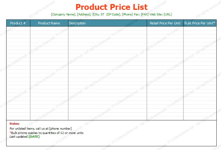 Detail Excel Price List Template Free Nomer 57