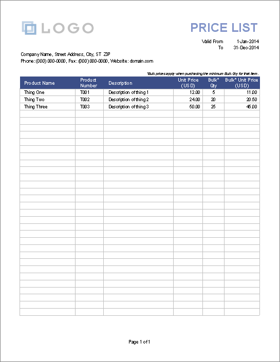 Detail Excel Price List Template Free Nomer 7