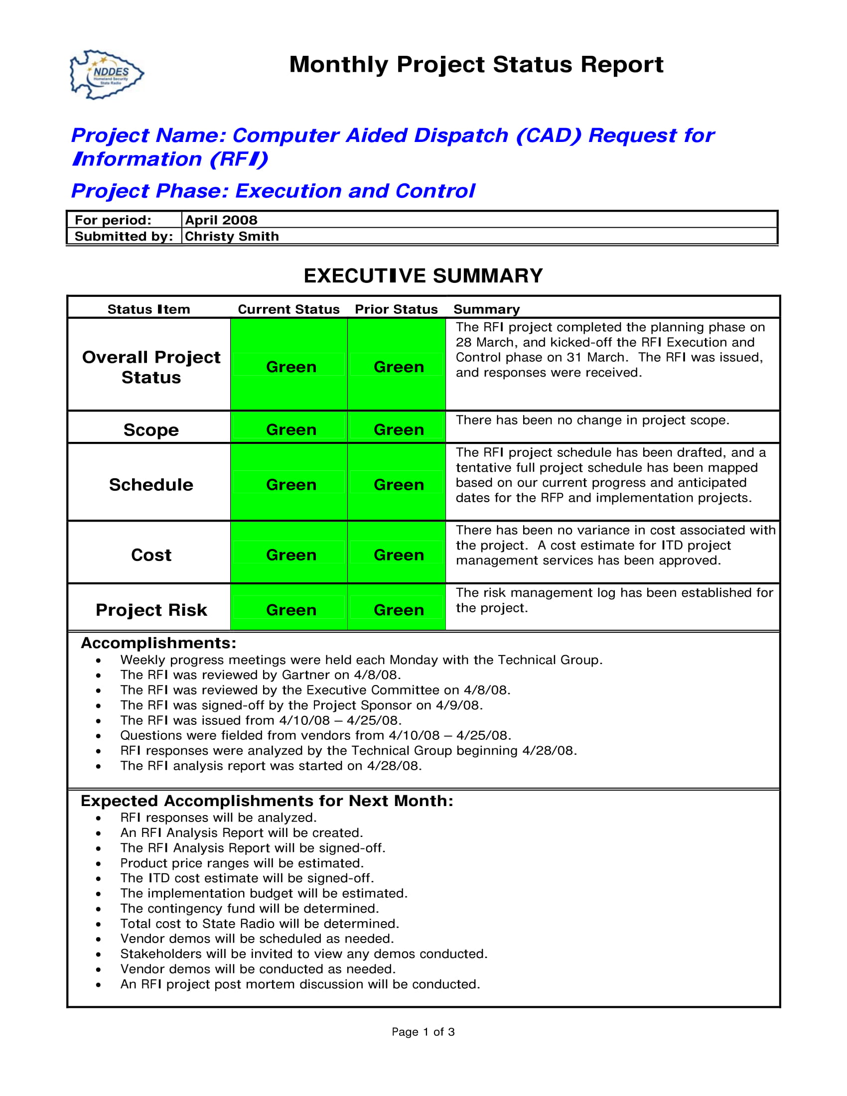 Detail Executive Status Report Template Nomer 31
