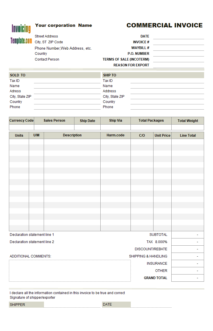 Detail Export Commercial Invoice Template Nomer 24