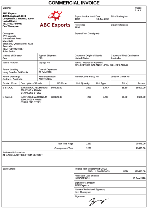 Detail Export Commercial Invoice Template Nomer 31