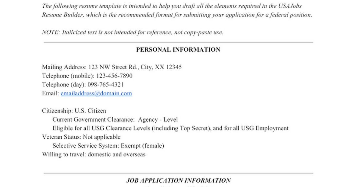 Detail Federal Resume Template Nomer 28