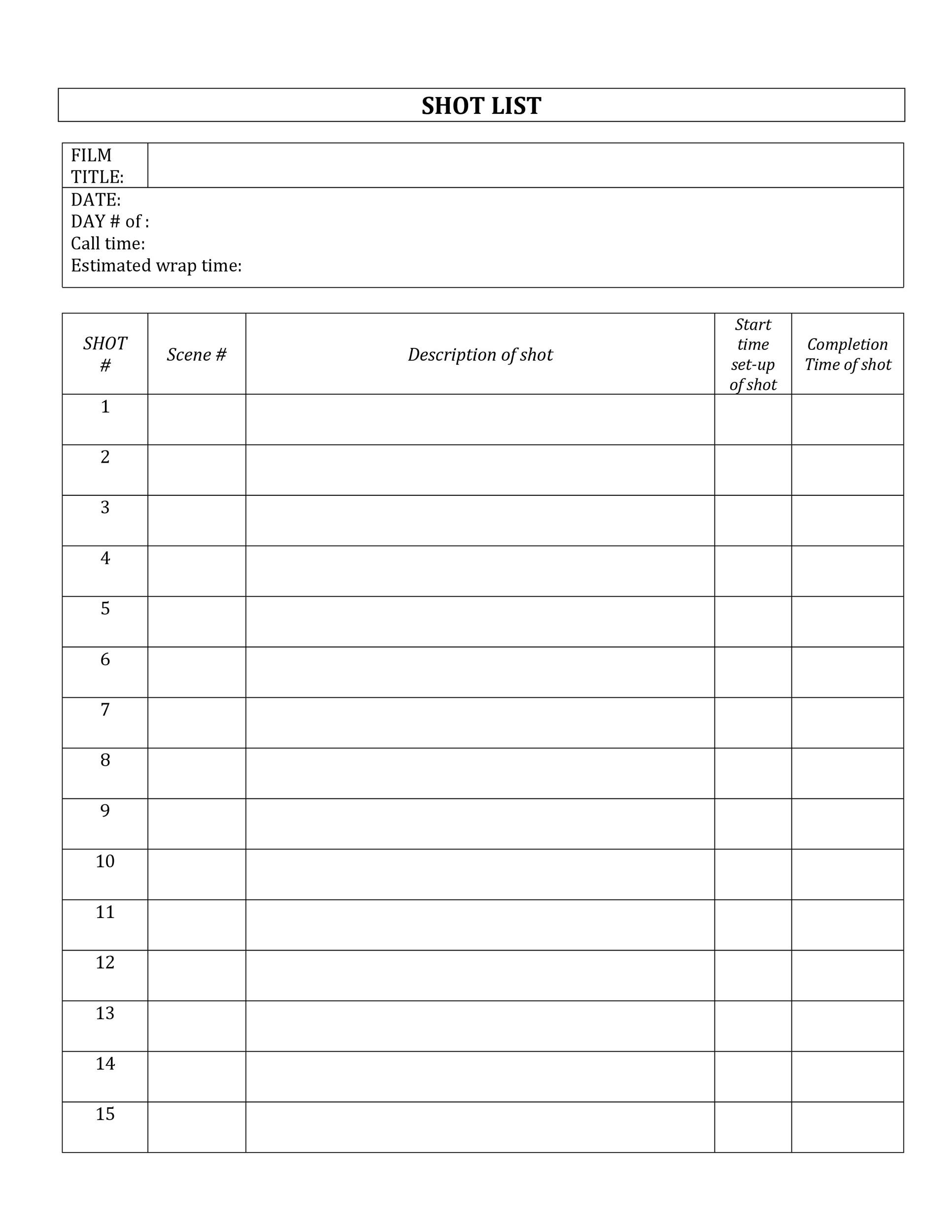 Detail Film Shot List Template Excel Nomer 12