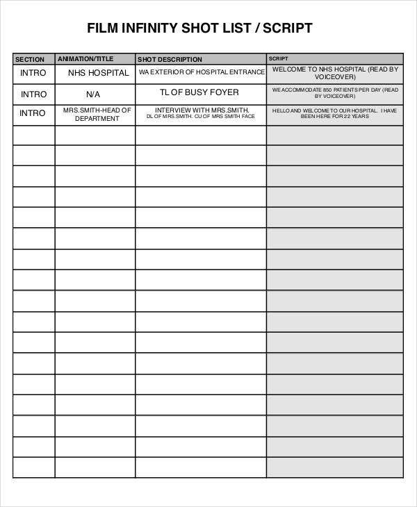 Detail Film Shot List Template Excel Nomer 5