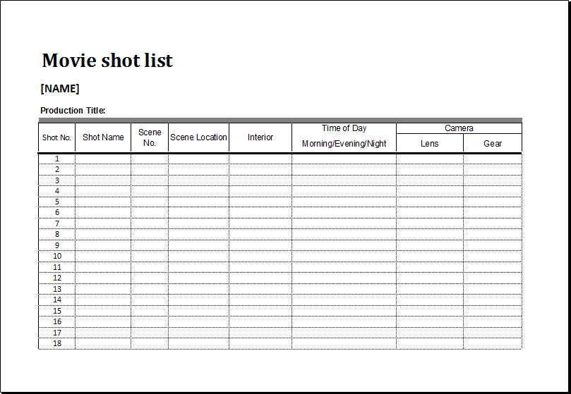 Detail Film Shot List Template Excel Nomer 9