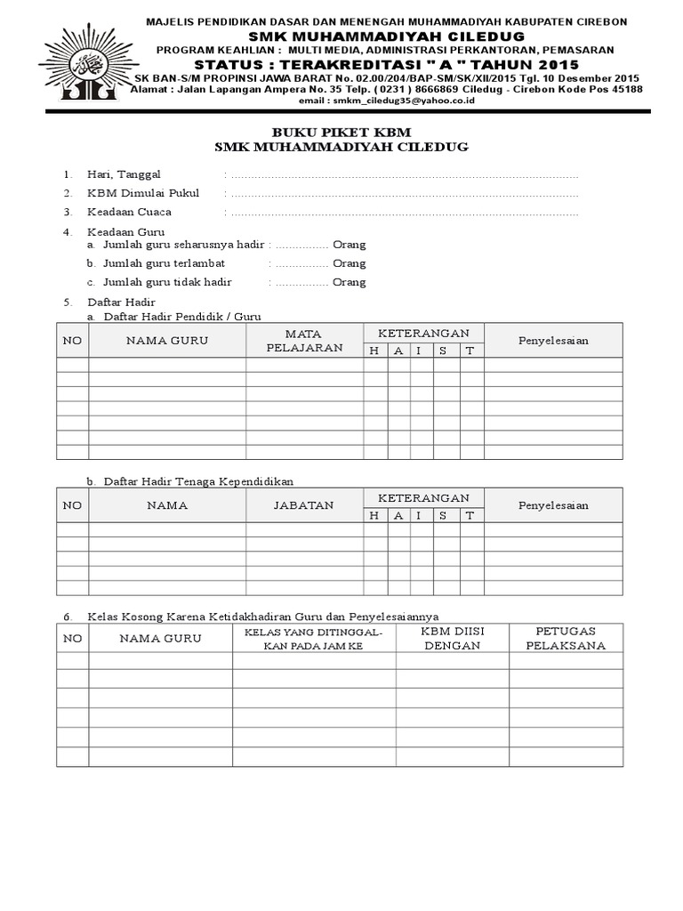 Format Buku Piket Harian Guru Doc - KibrisPDR