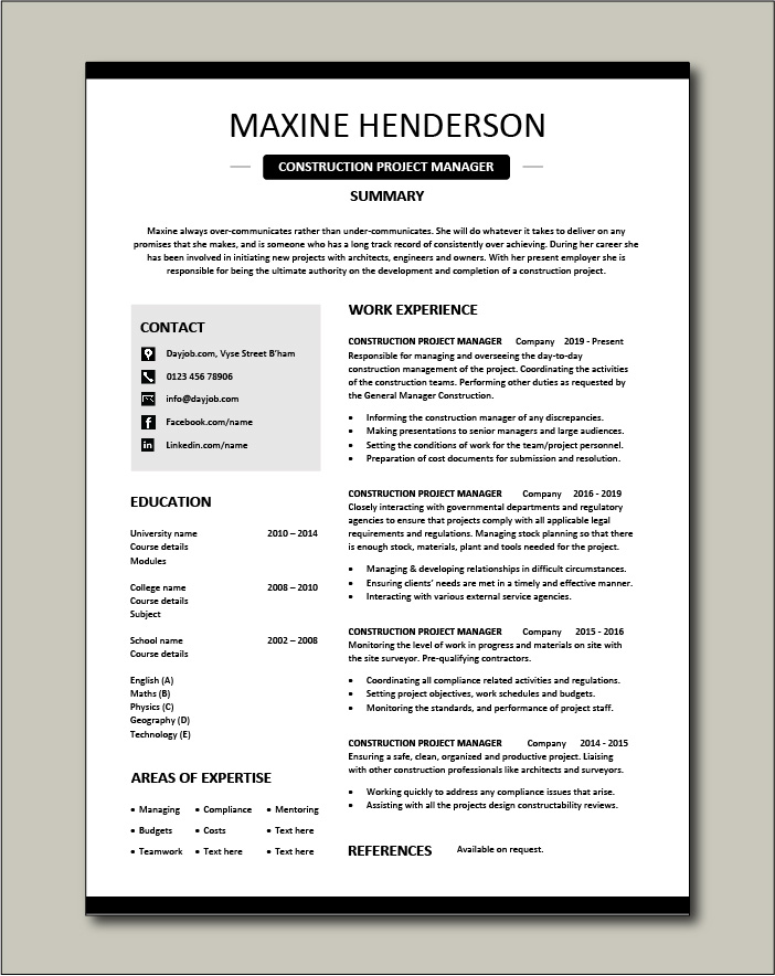 Detail Free Construction Cv Template Nomer 9