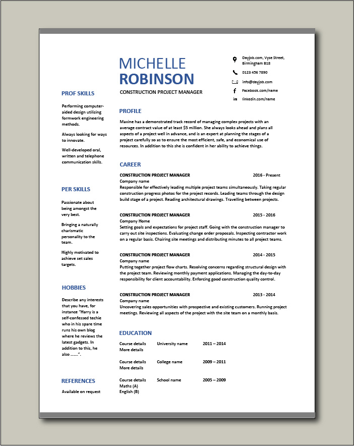 Detail Free Construction Cv Template Nomer 3