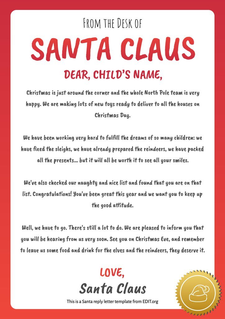 Free Printable Santa Reply Letter Template 42 Koleksi Gambar