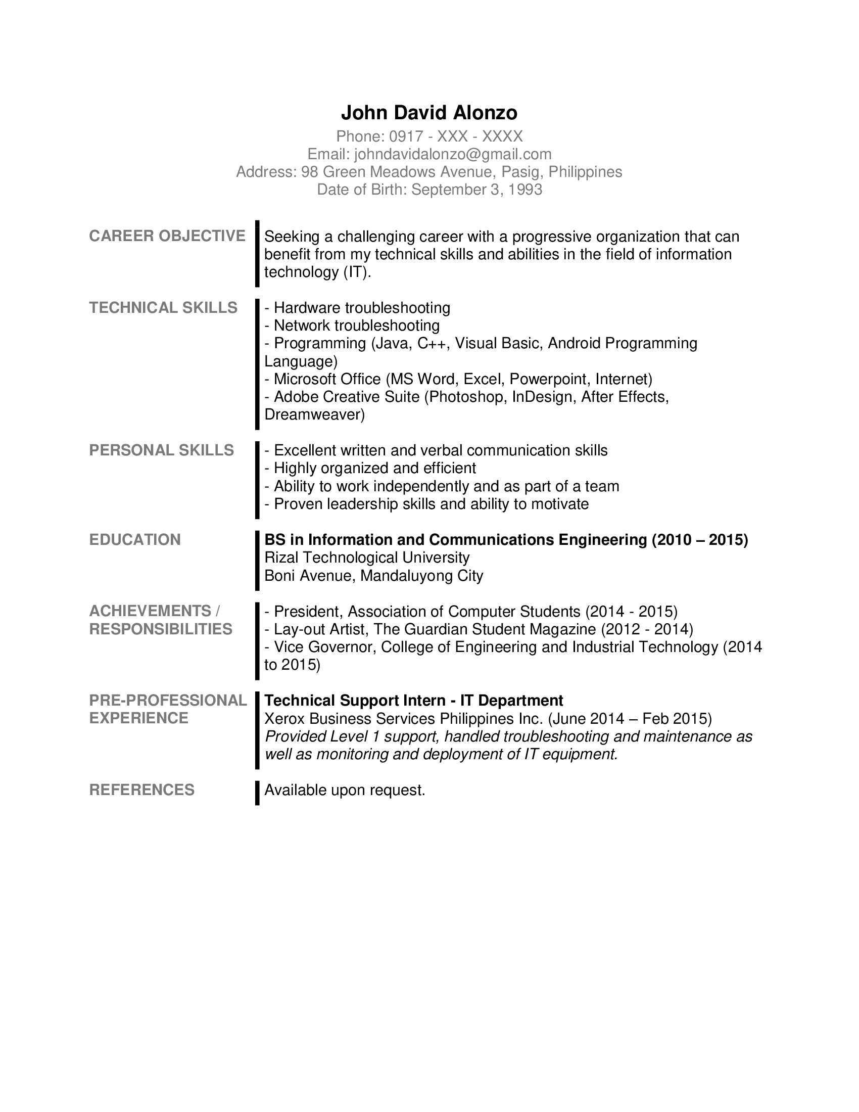 Detail Fresh Graduate Cv Template Nomer 29