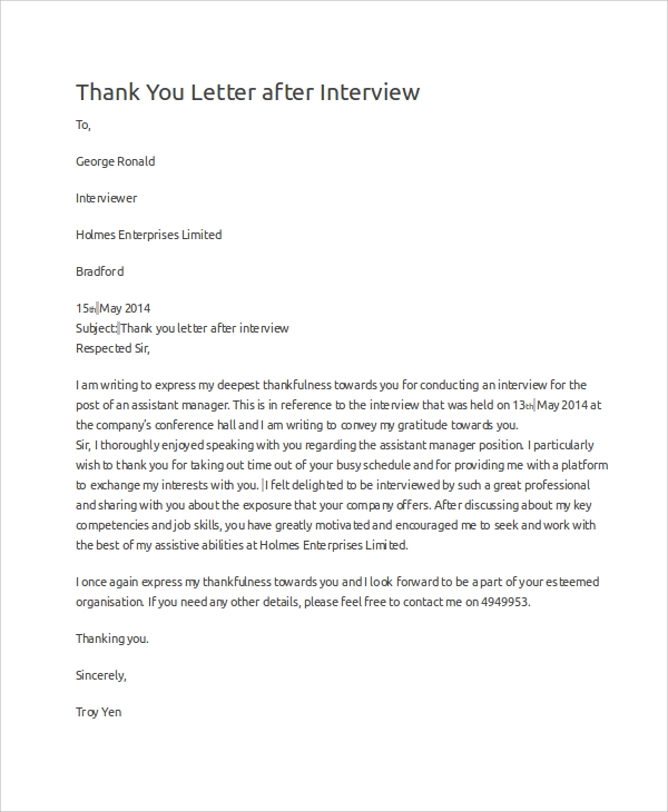 Detail Interview Thank You Note Template Nomer 7