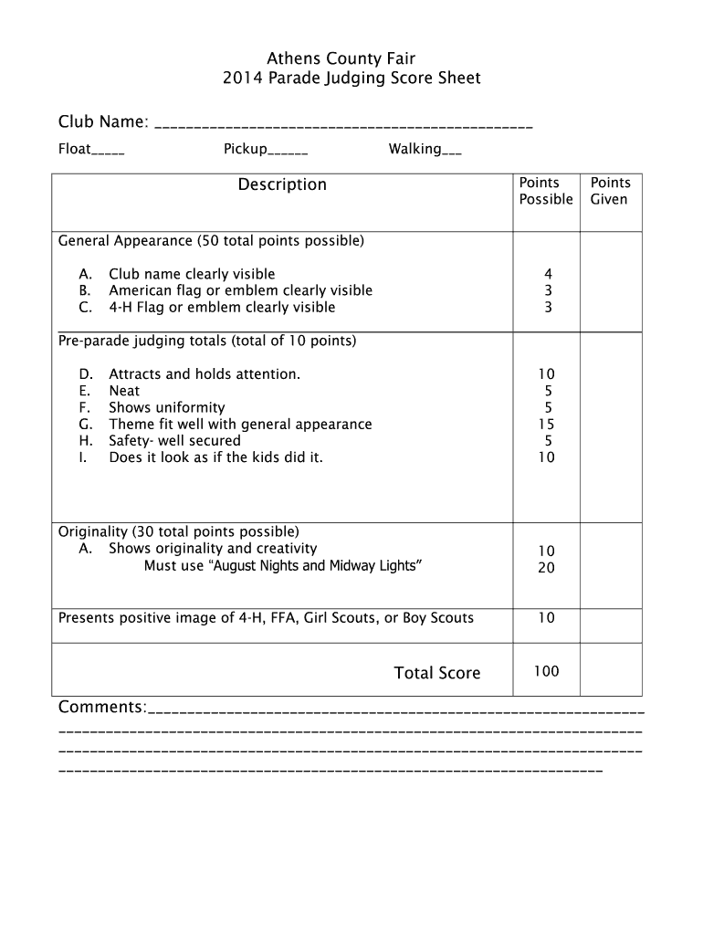 Judging Score Sheet Template