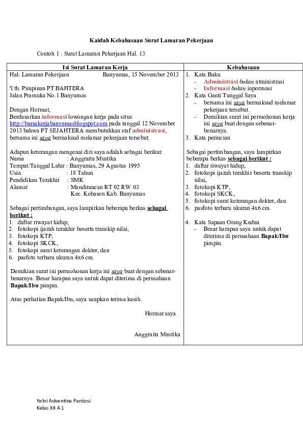 Detail Kaidah Kebahasaan Surat Lamaran Pekerjaan Nomer 6