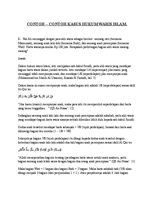 Detail Kumpulan Contoh Soal Hukum Waris Islam Nomer 2