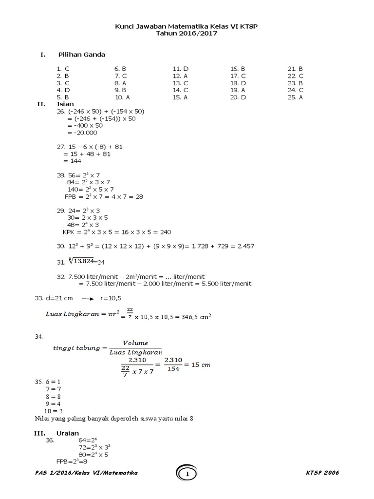 Detail Kunci Jawaban Buku Matematika Kelas 6 Penerbit Erlangga Ktsp 2006 Nomer 2