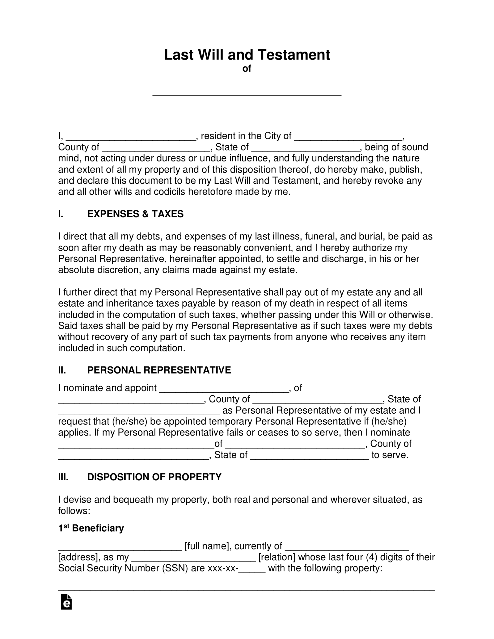 Last Will And Testament Template - KibrisPDR