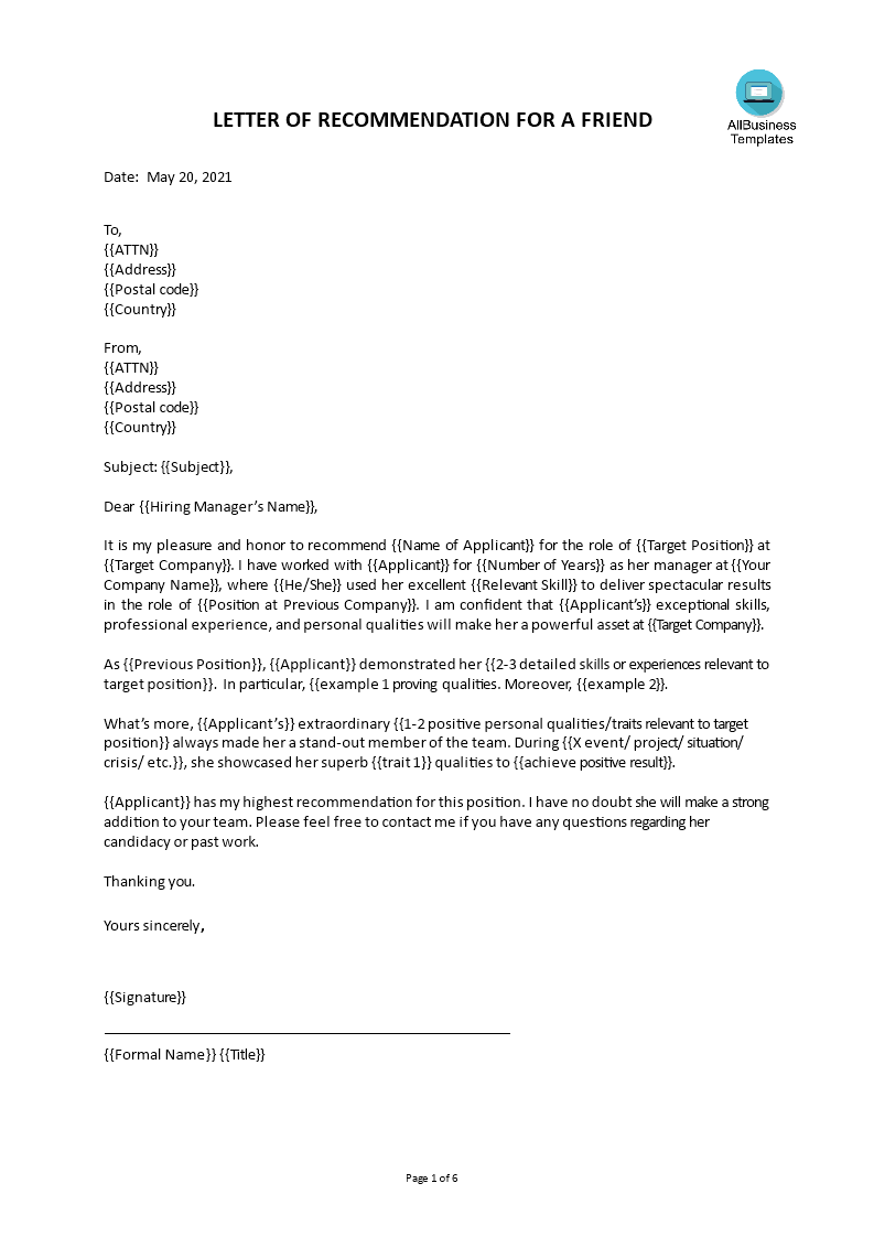 Detail Letter Of Recommendation Template Nomer 15