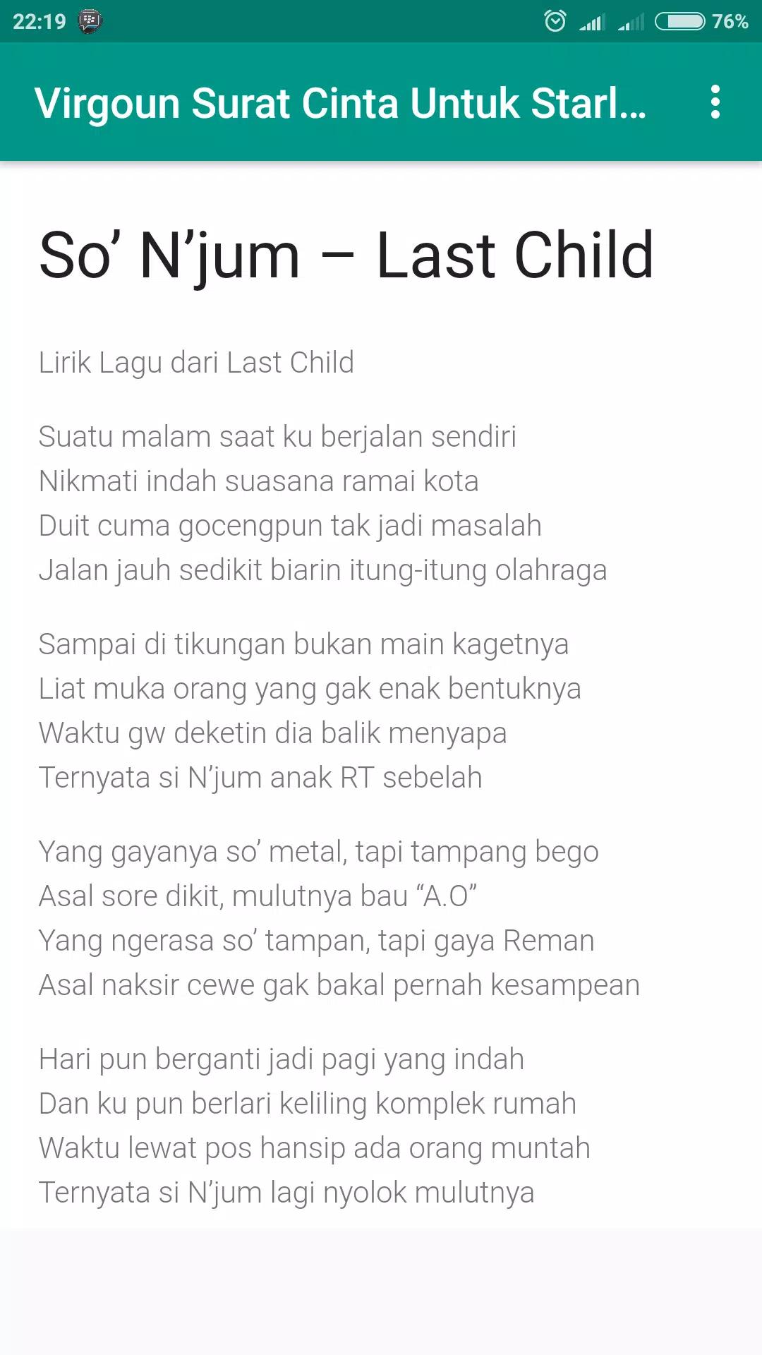 Detail Lirik Starla Surat Cinta Nomer 13