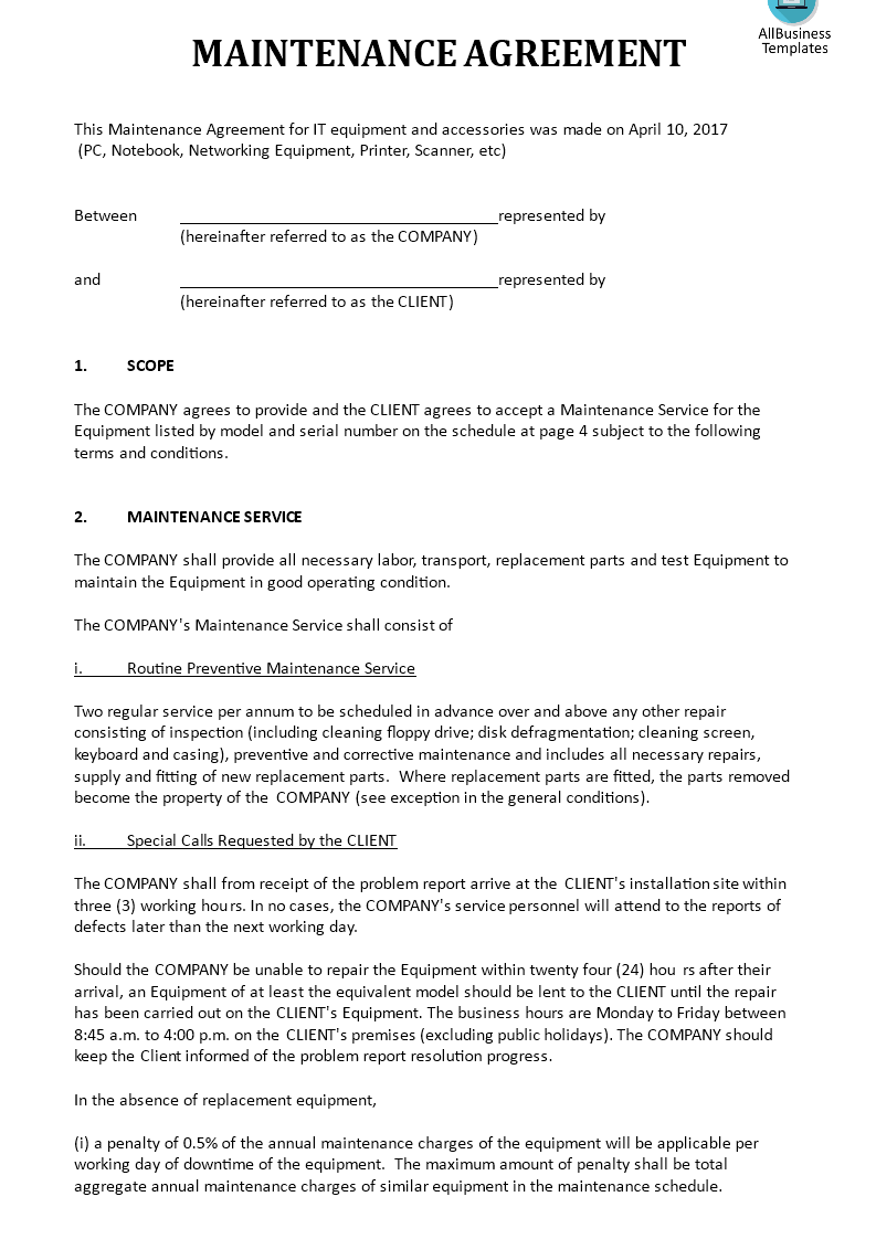 Detail Maintenance Service Agreement Template Nomer 44