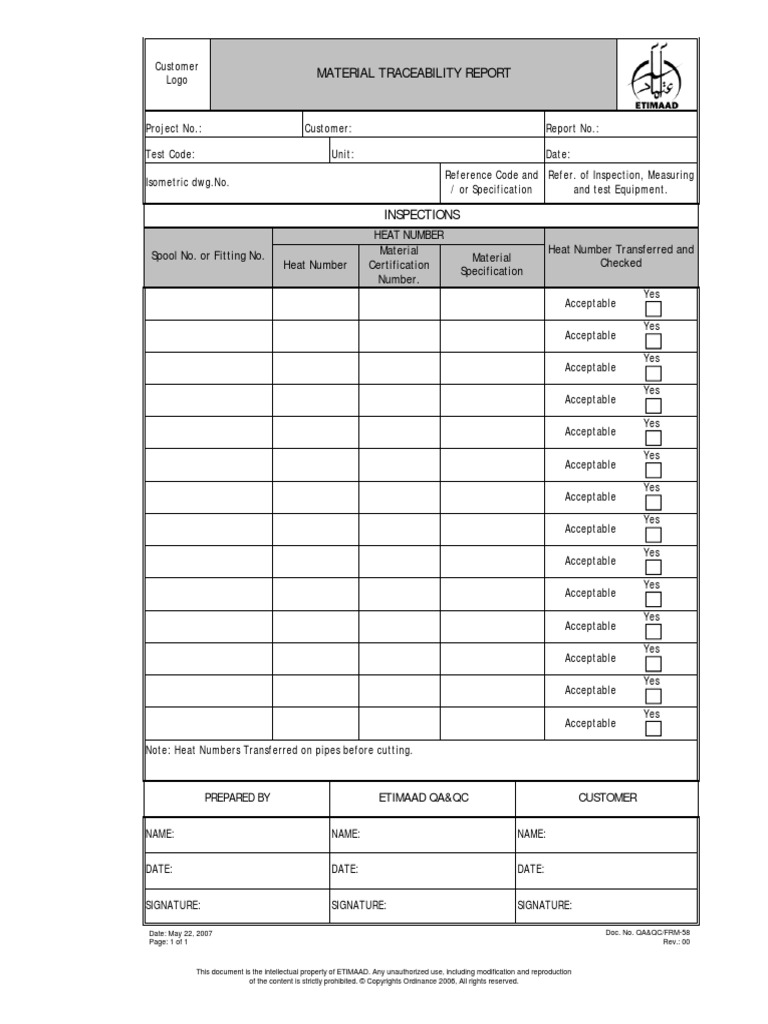 Detail Material Traceability Report Template Nomer 6