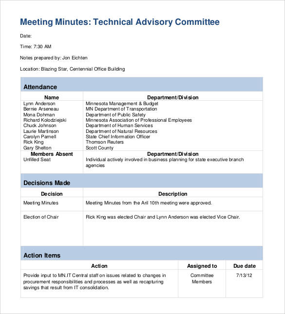 Detail Minutes Of Meeting Template With Action Items Nomer 21