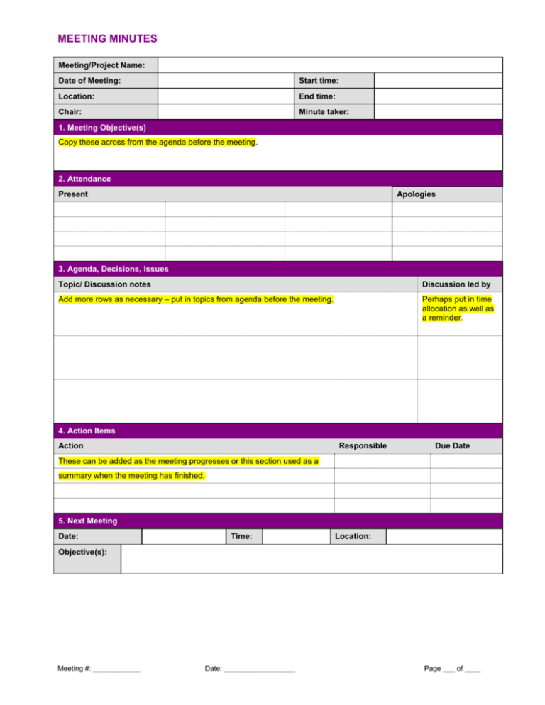 Detail Minutes Of Meeting Template With Action Items Nomer 23