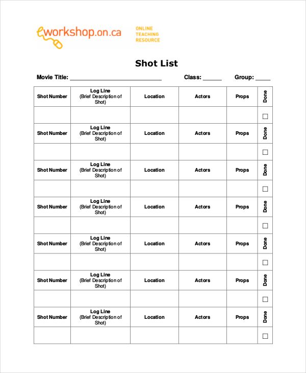 Detail Movie Shot List Template Nomer 32