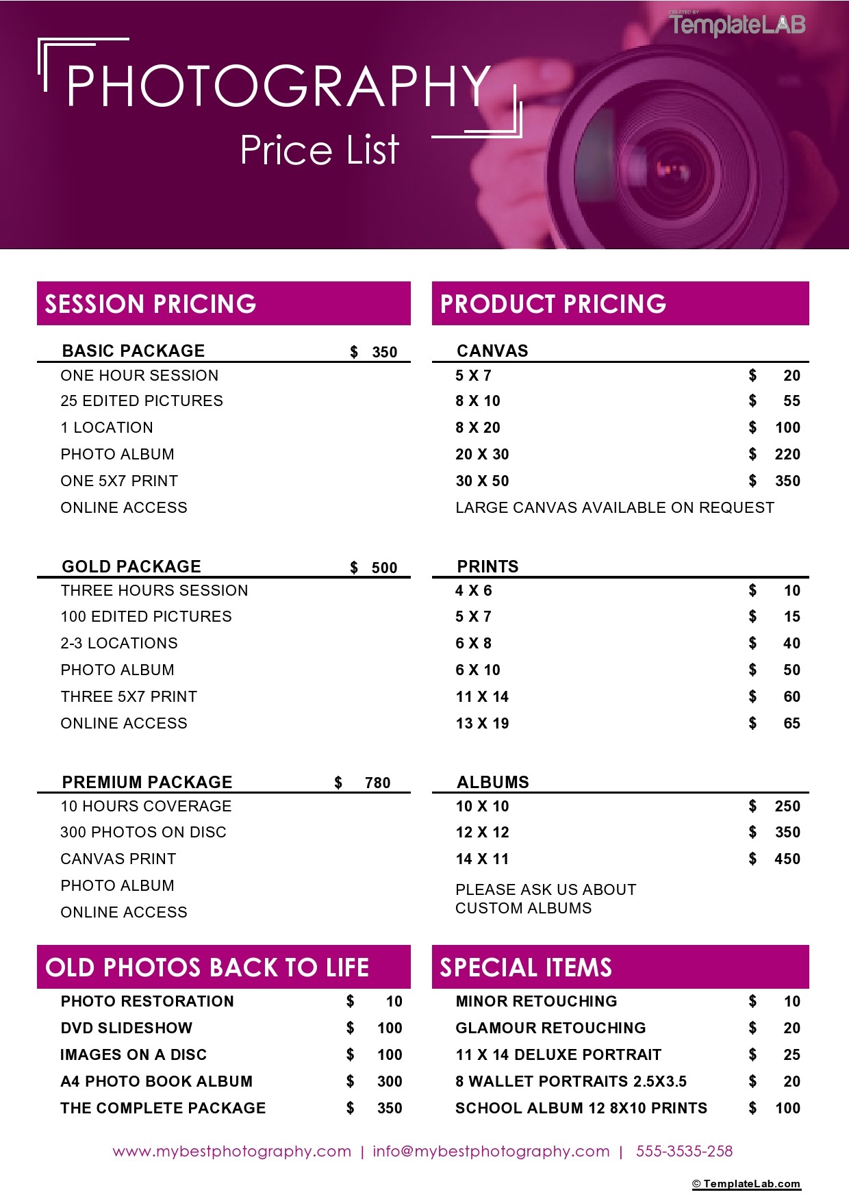 Detail Photography Price List Template Free Download Nomer 4