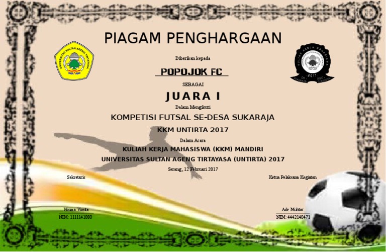 Detail Piagam Penghargaan Sepak Bola Nomer 2