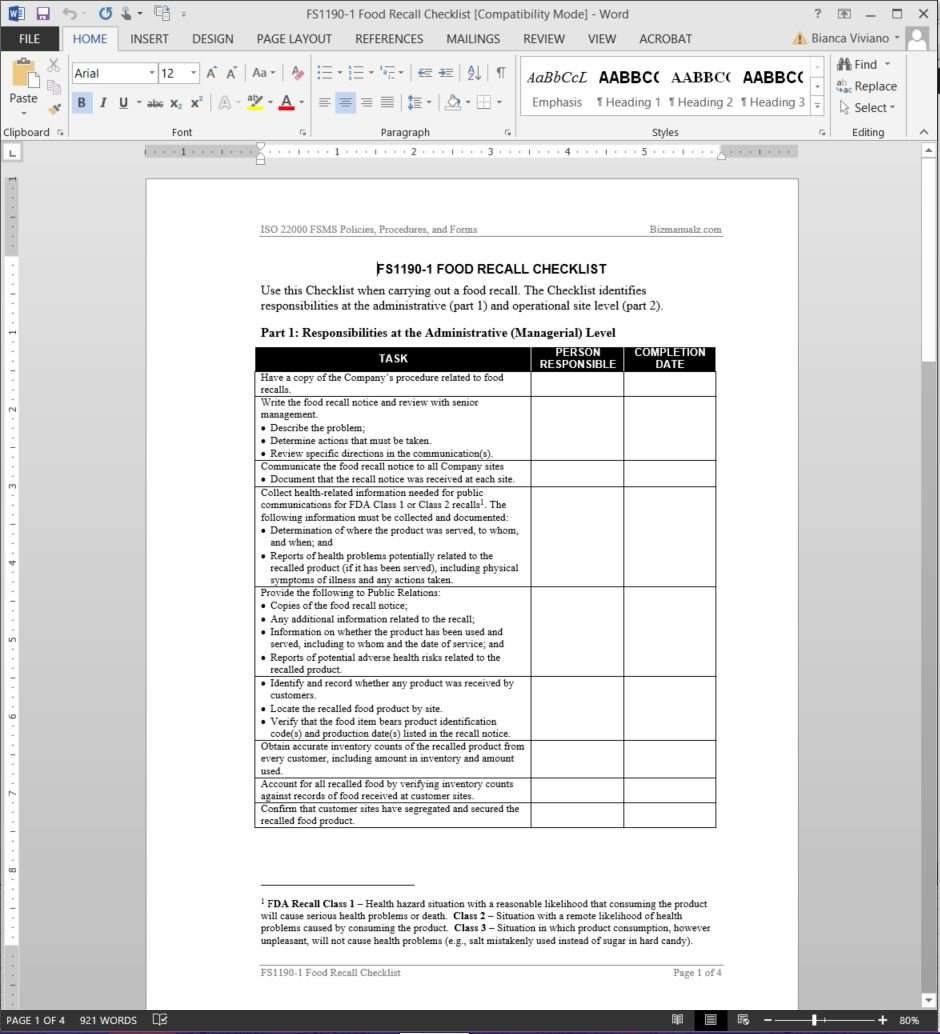 Detail Product Recall Procedure Template Nomer 3