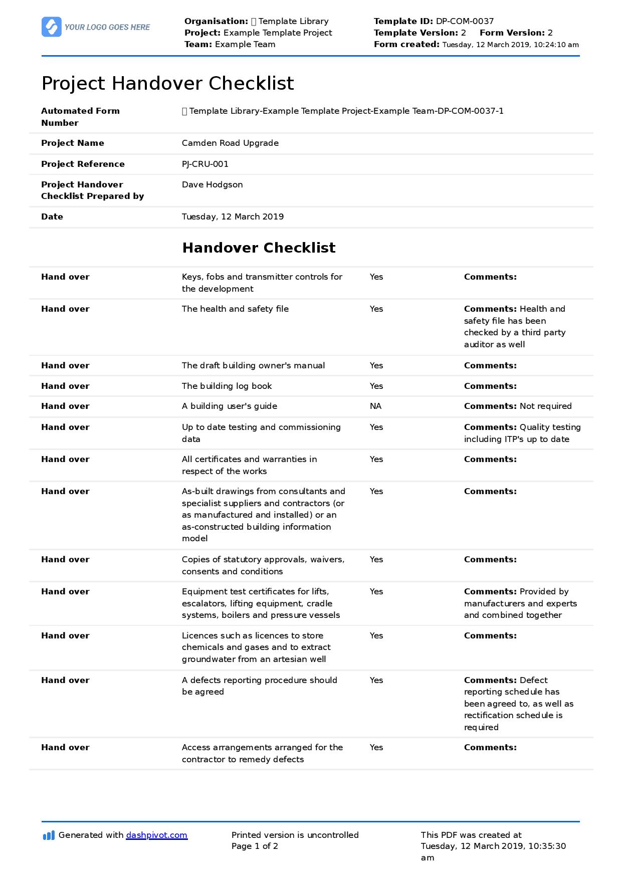 Project Handover To Another Project Manager Template - KibrisPDR