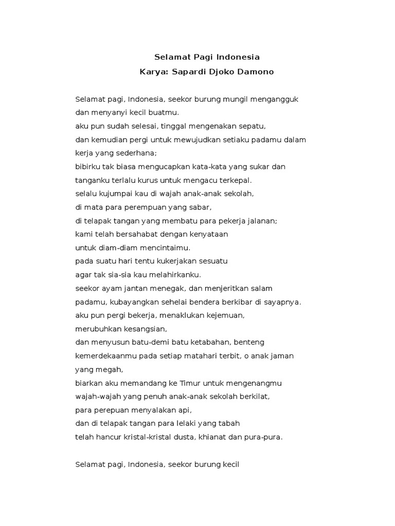 Detail Puisi Selamat Pagi Indonesia Sapardi Djoko Damono Nomer 12