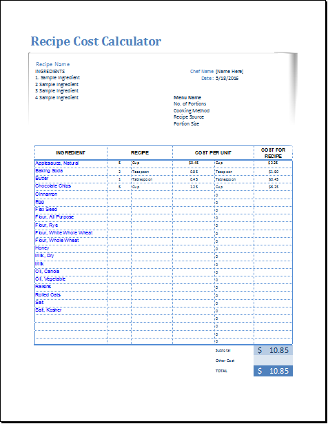 Detail Recipe Costing Template Excel Free Nomer 13