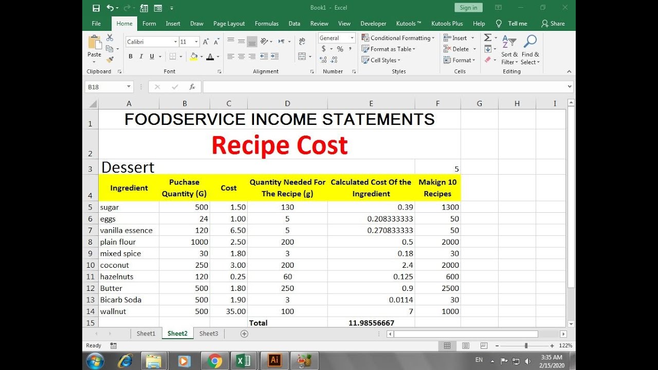 Detail Recipe Costing Template Excel Free Nomer 7