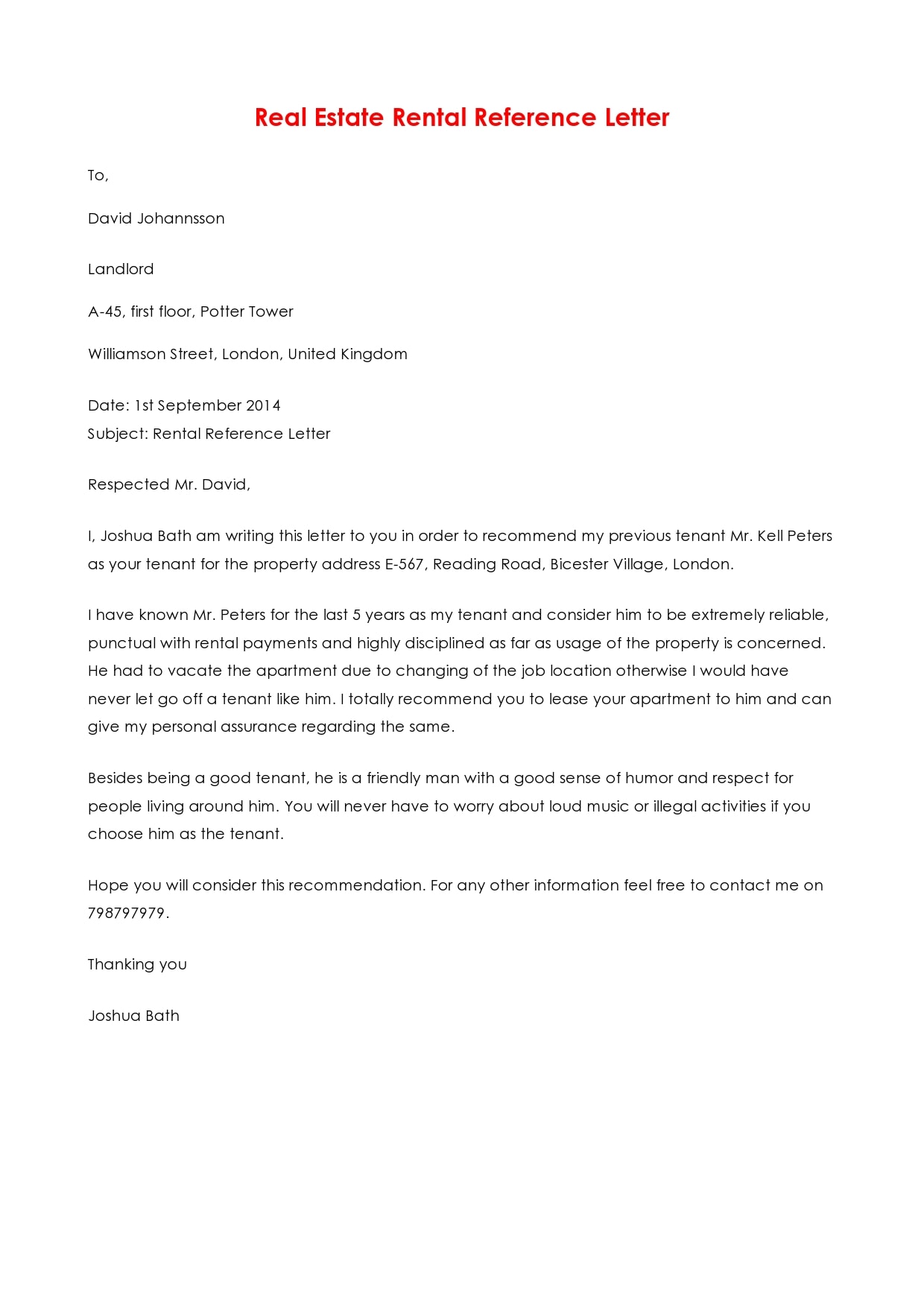 Detail Rental Reference Letter Template Nomer 3