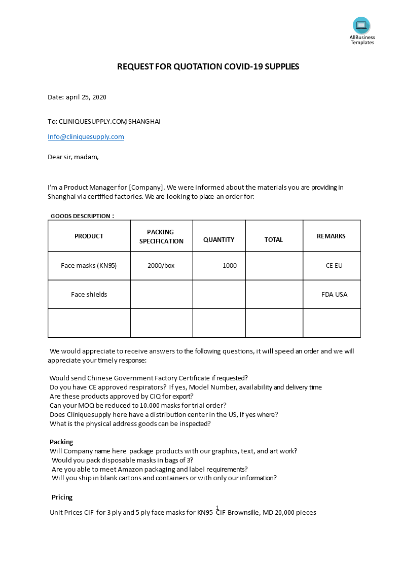 Detail Rfq Template Free Nomer 29