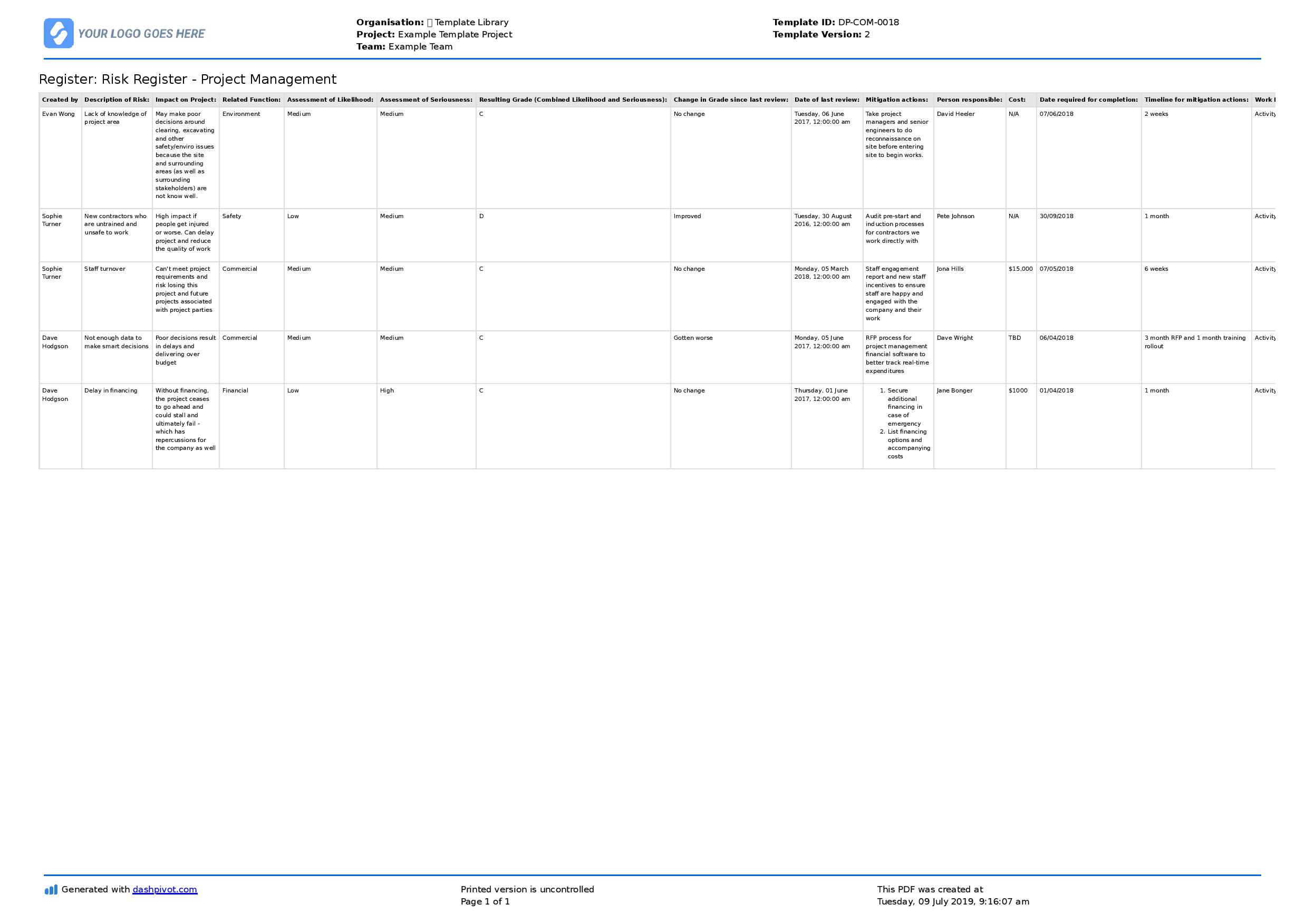 Detail Risk Log Template Nomer 35