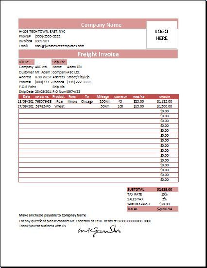 Detail Shipping Invoice Template Nomer 46