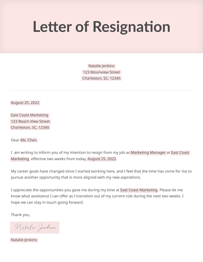 Simple Resignation Letter Template - KibrisPDR