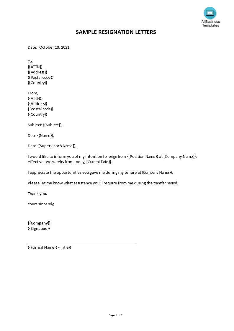 Detail Simple Resignation Letter Template Nomer 19