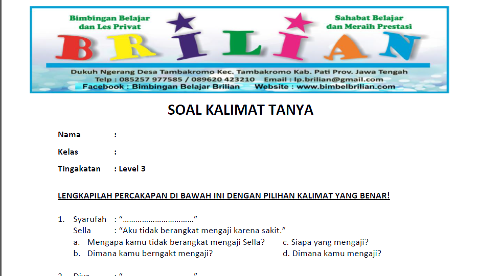 Download Soal Bahasa Indonesia Membuat Kalimat Berdasarkan Gambar Bimbel Briliant Nomer 1