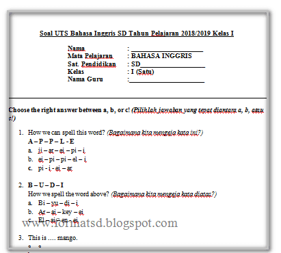 Detail Soal Bahasa Inggris Gambar Kelas 1 Sd Nomer 20