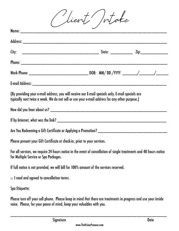 Detail Spa Client Intake Form Template Nomer 25