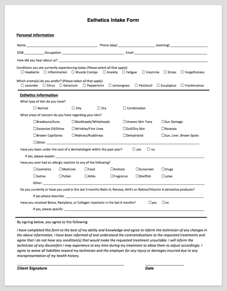 Detail Spa Client Intake Form Template Nomer 7