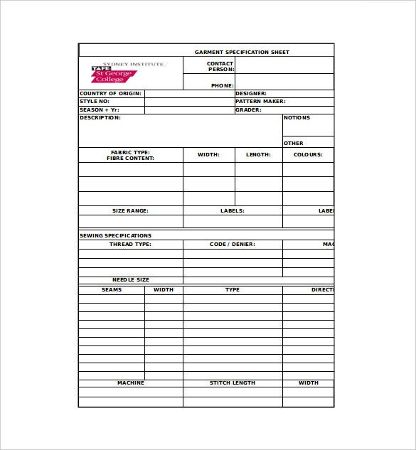 Detail Specification Sheet Template Nomer 2