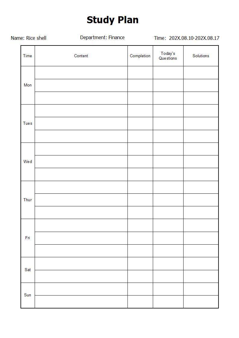 Detail Study Plan Template Nomer 32