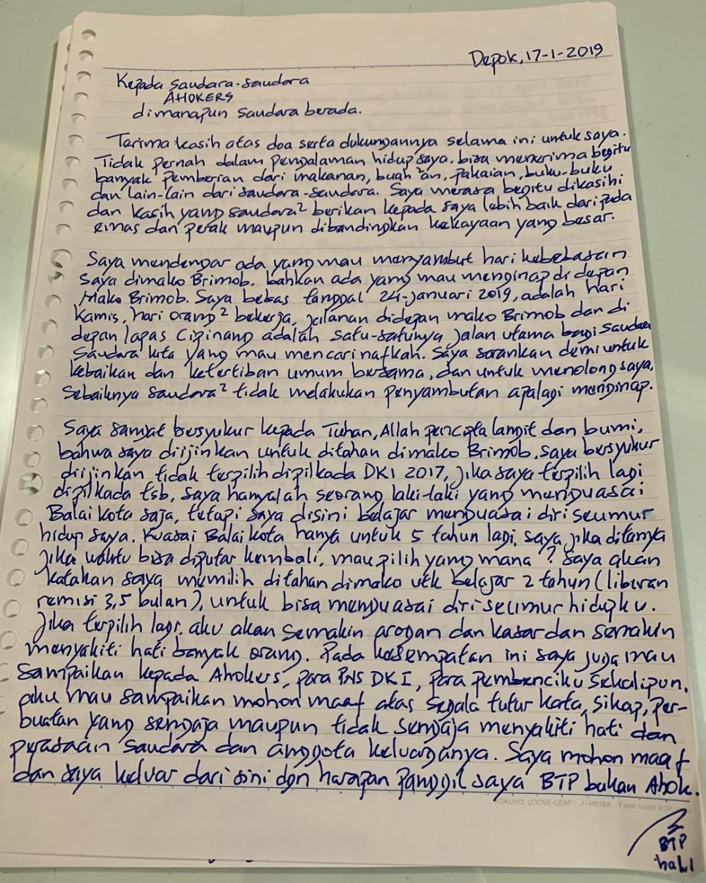 Detail Surat Ahok Untuk Pendukungnya Nomer 13