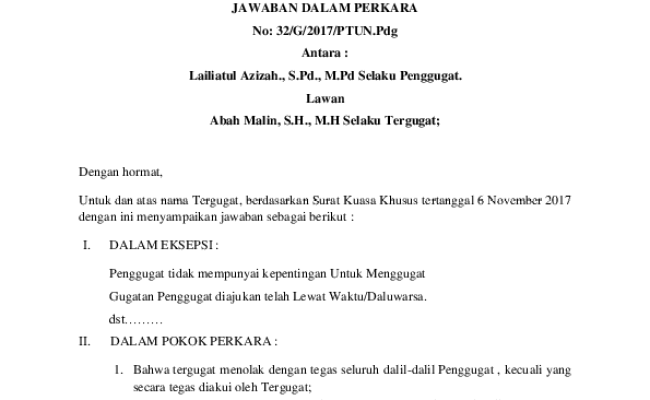 Detail Surat Jawaban Gugatan Nomer 50