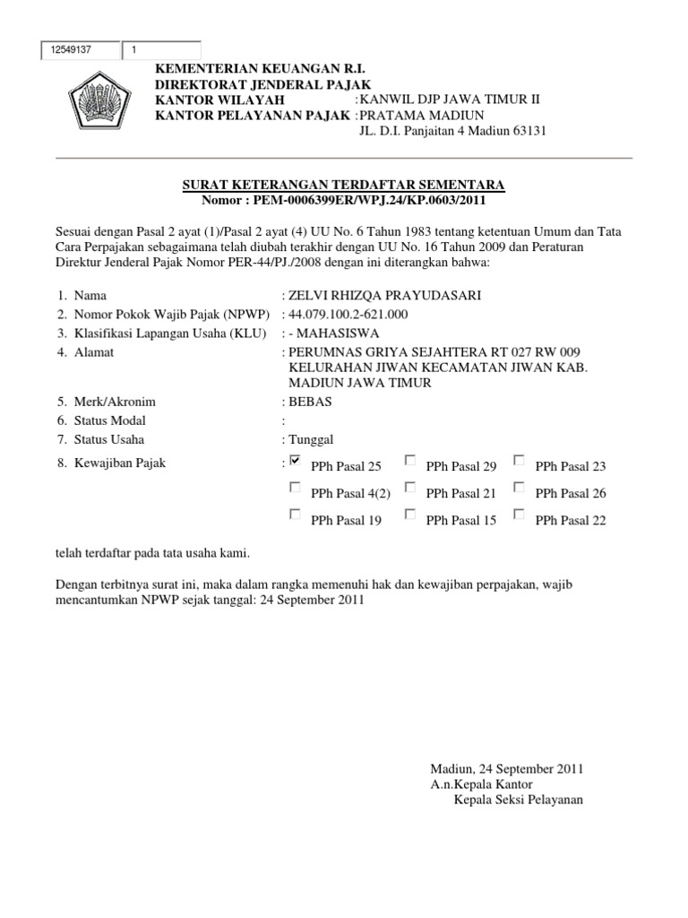 Detail Surat Keterangan Terdaftar Sementara Nomer 9