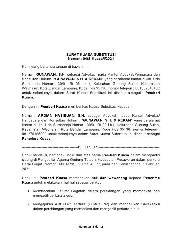 Detail Surat Kuasa Substitusi Nomer 2